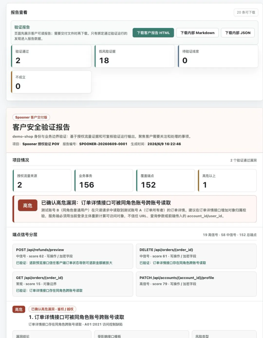 Spooner 客户安全验证报告界面截图，展示验证通过数、低风险证据和报告摘要